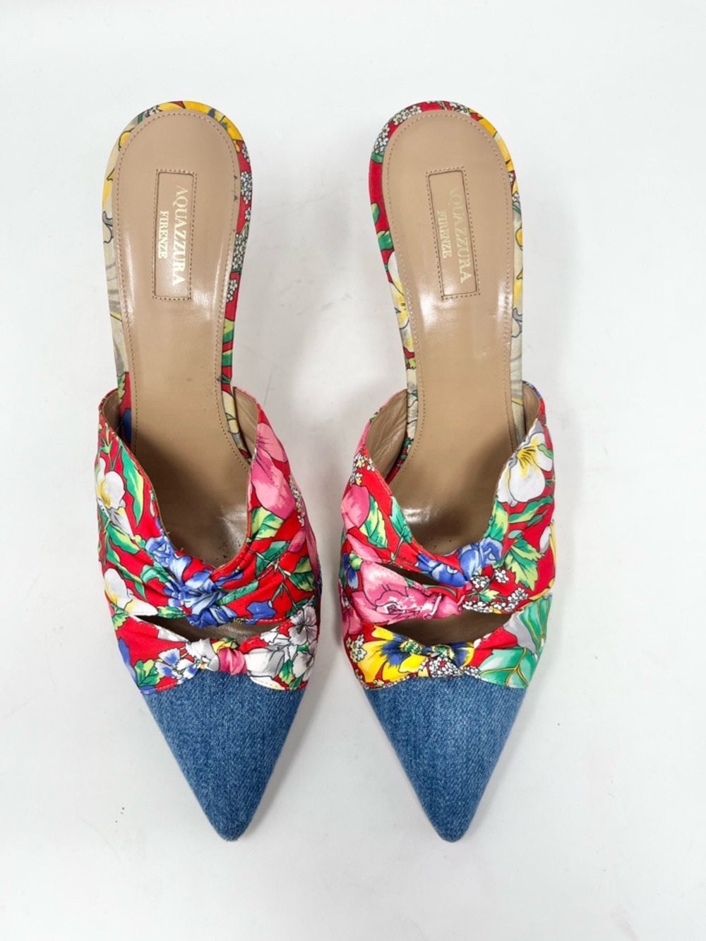 Aquazzura Denim Pointed Toe Mules Floral Print Silk Bows High Heel size 41 EU